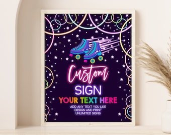 Roller Skating Custom Sign Let's Roll Retro Roller Skate Girl Birthday Decor Neon Glow Disco Dance Party Table Sign EDITABLE Poster BT39V