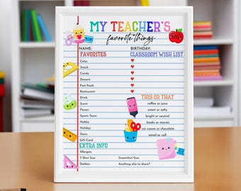 Teacher Favorite Things List, Back to School Gift Questionnaire, Team Building Poster, All About My Teacher Form, Classroom Printable SU02P