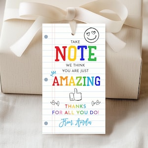 Let op: we denken dat je gewoon geweldig bent Label einde schooljaar bedankkaartjes Kladblok leraar waardering week cadeaulabel afdrukbare klas TE01R