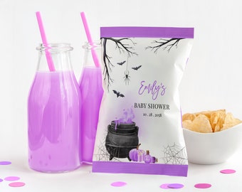 A Baby is Brewing Chip Bag Label Girl Halloween Baby Shower Witch Gender Neutral Party Decor Snack Treats Purple Fall Autumn Printable BS66V