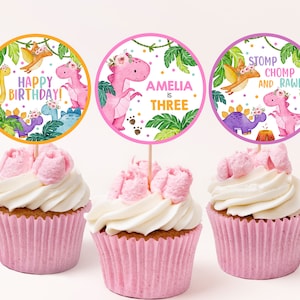 Adornos para cupcakes de cumpleaños con diseño de dinosaurio, decoración para fiesta de primer cumpleaños de niña, linda etiqueta para postre con diseño de dinosaurio, animales de la jungla, pisotón salvaje, rugido, imprimible, BT16P