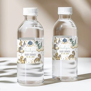 Etiqueta para botella de agua de baby shower con diseño de dragón, decoración de fiesta de dragones azules y verdes, castillo mágico de fantasía, etiqueta imprimible para bebida medieval mítica AS03B