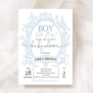 Toile de Jouy Baby Shower Invitation Elegant Chinoiserie Boy Baby Shower Invite Dusty Blue French Toile Floral Royal Frame EDITABLE AS59B