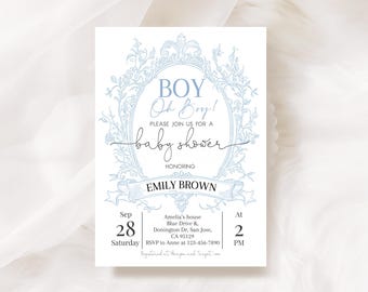 Toile de Jouy Baby Shower Invitation Elegant Chinoiserie Boy Baby Shower Invite Dusty Blue French Toile Floral Royal Frame EDITABLE AS59B