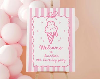 Ice Cream Birthday Welcome Sign, Here's the Scoop Poster, Coquette Pink Bow Striped, Hand Drawn Ribbon, Summer  Party Decor EDITABLE CT25P