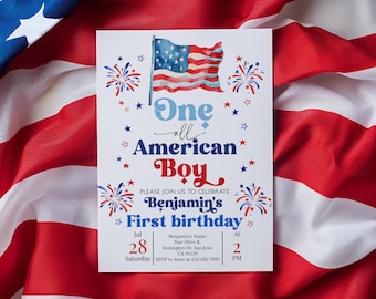 Invitación de cumpleaños para un niño estadounidense, 4 de julio, 4 de julio, Día de los Caídos, bandera de EE. UU., fuegos artificiales, editable AT85R