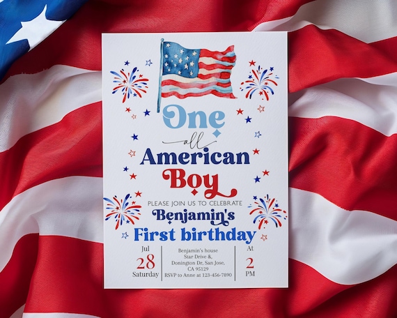 One All American Boy Birthday Invitation 4th of July Patriotic Birthday Invite Fourth of July Memorial Day USA Flag Fireworks EDITABLE AT85R