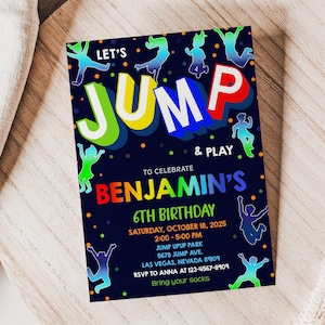 Jump Birthday Invitation Trampoline Park Birthday Invite Kids Let's Jump Party Bounce House Neon Glow Jumping EDITABLE Template BTD034