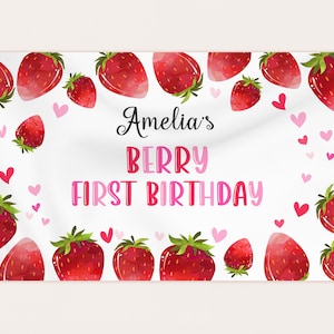 Strawberry Birthday Backdrop Banner Berry First Birthday Decor Girl 1st Birthday Party Berry Sweet One Fruit Photobooth EDITABLE Prop BT37P
