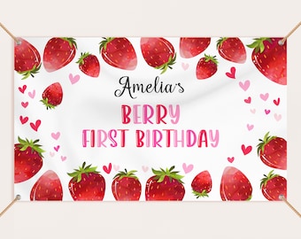 Strawberry Birthday Backdrop Banner Berry First Birthday Decor Girl 1st Birthday Party Berry Sweet One Fruit Photobooth EDITABLE Prop BT37P