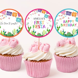 Topper per cupcake di compleanno Fiesta Bambina Prima festa di compleanno Fiesta Decorazione per festa di compleanno Cactus messicano Etichetta per dessert succulento Cinco De Mayo MODIFICABILE BT54