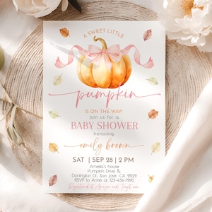 Little Pumpkin Baby Shower Invitation Pink Bow Orange Pumpkin Baby Shower Invite Coquette Ribbon Party Autumn Fall Leaves EDITABLE AS65P