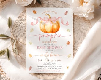 May include: A baby shower invitation with a watercolor pumpkin design. The invitation features the text "A Sweet Little Pumpkin" and "Baby Shower" in pink script. Details include the date, time, and location.