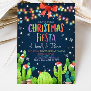 Weihnachtsfiesta-Einladung Mexikanische Kaktus-Weihnachtsparty laden glücklichen Winterurlaub-Weihnachtsparty Feliz Navidad-Weihnachtsmannmütze EDITIERBARE HL20 ein