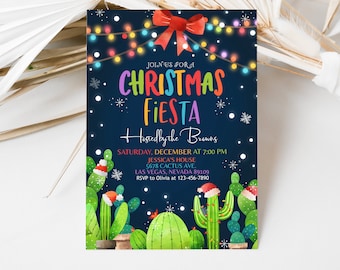 May include: A Christmas Fiesta invitation with a dark blue background, colorful string lights, and a red bow. The text reads "Join us for a Christmas Fiesta Hosted by the Browns". The invitation includes details for the event, including the date, time, address, and RSVP information.