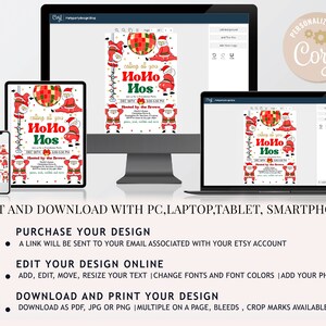 Pu&ograve; includere: Modello di invito per feste di Natale modificabile con un Babbo Natale dei cartoni animati con il testo "Calling all you HoHo Hos" e "Hosted by the Browns". Il modello &egrave; disponibile per il download in formato PDF, JPG o PNG.