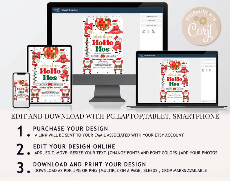 Pu&ograve; includere: Modello di invito per feste di Natale modificabile con un Babbo Natale dei cartoni animati con il testo "Calling all you HoHo Hos" e "Hosted by the Browns". Il modello &egrave; disponibile per il download in formato PDF, JPG o PNG.