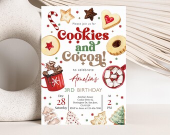 May include: A festive invitation for a 3rd birthday party with a cookies and cocoa theme. The invitation features a red and white striped candy cane, a red and white gingerbread cookie, a chocolate chip cookie, a heart-shaped cookie, a chocolate-covered cookie, a gingerbread man cookie, a chocolate cookie, and a cup of hot cocoa with marshmallows. The invitation also includes the text "Please join us for Cookies and Cocoa!" and "to celebrate Amelia's 3rd Birthday".