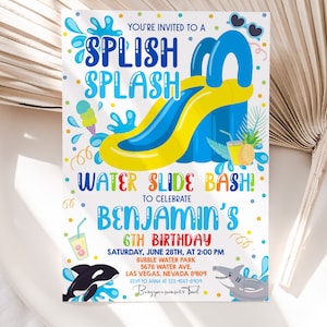 Waterslide Birthday Invitation Summer Pool Party Birthday Invite Boy Blue Water Slide Splish Splash Bash Waterpark Unicorn EDITABLE BT77B