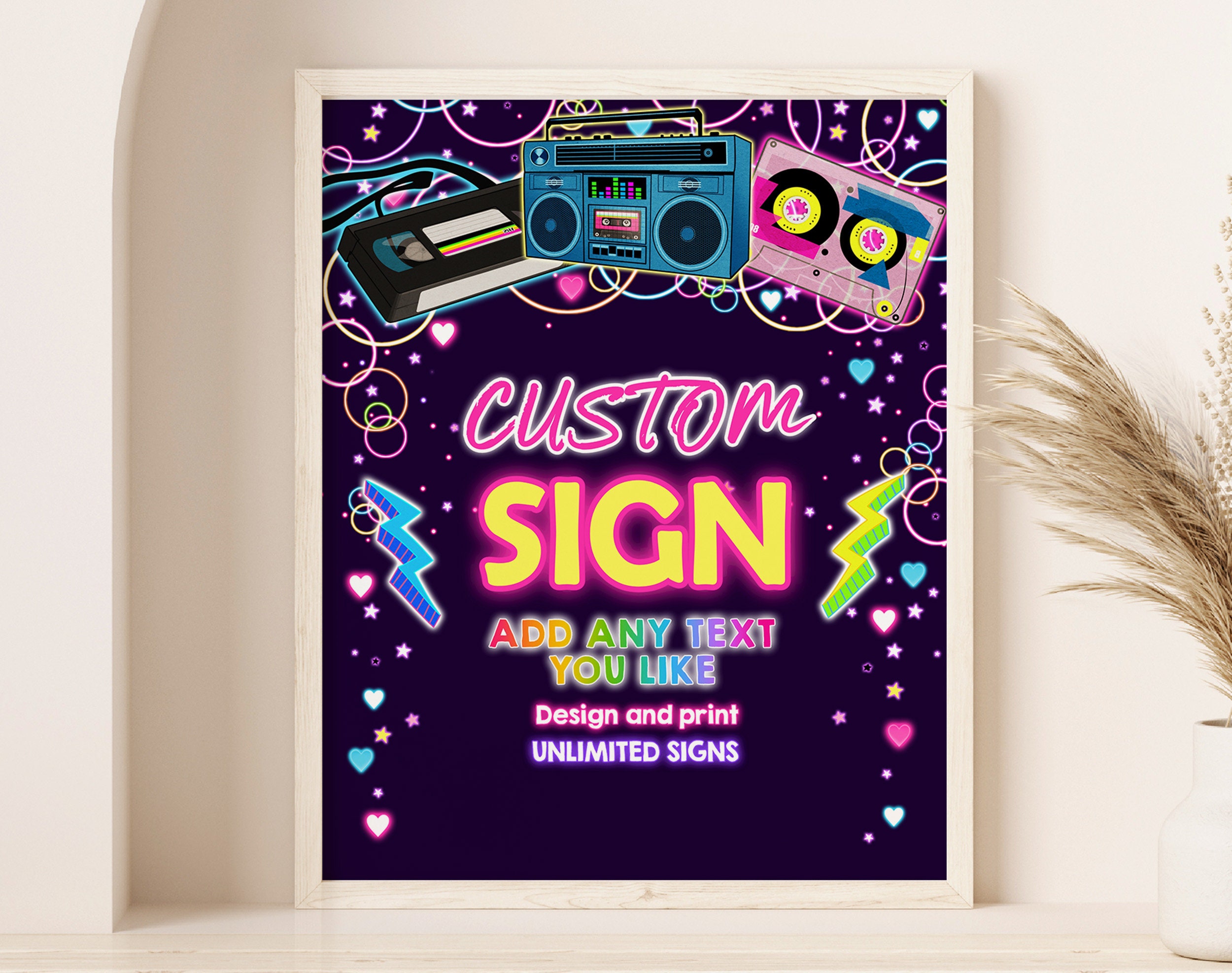 90s Party Custom Sign 40th Birthday Table Sign 80s Retro Back to the 1990s Throwback Neon Glow Disco Dance Hip Hop EDITABLE Poster BT49
