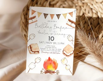 S'mores Birthday Invitation, Bonfire Party Invite, Fall Camping, Campfire, 5x7, EDITABLE AT35O