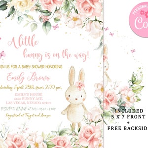 May include: A pink and white baby shower invitation with a watercolor floral design and a cute bunny illustration. The invitation says "A little bunny is on the way!" and includes the name "Emily Brown" and details for the shower. The invitation is personalized with the name "Coril".