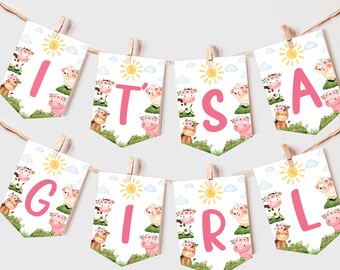 Farm Baby Shower Banner Barn Animals Gender Neutral Party Decor Girl Pink Barnyard Animals Ranch Tractor Garland EDITABLE Bunting Flag BS62P