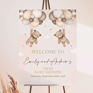 Teddybär Twin-Babyparty-Willkommensschild Beige Pampasgras Vorhof-Schild Boho Tan Bear Heißluftballons Poster EDITIERBARE Vorlage BS21E