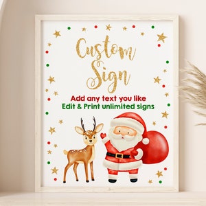 Christmas Birthday Custom Sign Happy Winter Holiday Poster Boy Girl 1st Birthday Party Decor Santa Claus Reindeer Table Sign EDITABLE BT04