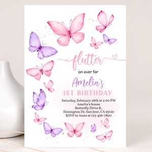 Butterfly Birthday Invitation Girl 1st Birthday Invite Watercolor Pink Purple Butterflies Colorful Floral Spring Garden Party EDITABLE BT93V