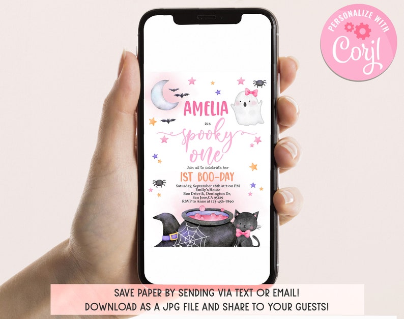 May include: A pink and purple Halloween-themed first birthday party invitation with a ghost, a witch's hat, a cauldron, and a black cat. The invitation says "Amelia is a Spooky One" and includes the date, time, and location of the party. It also says "RSVP to Anne at 123-456-7890".
