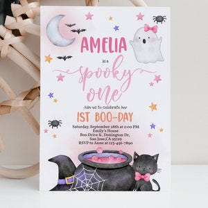 May include: A pink and white Halloween party invitation with a ghost, bats, stars, and a cauldron. The text reads "Amelia is a spooky one. Join us to celebrate her 1st Boo-Day. Saturday, September 28th at 2:00 PM. Emily's House. Boo Drive & Donington Dr, San Jose, CA 95129. RSVP to Anne at 123-456-7890."