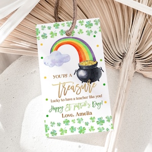St Patricks Day Gift Tag You&#39;re A Treasure Thank You Tags Teacher Appreciation School Classroom Printable Shamrock Rainbow Gold Labels HL39