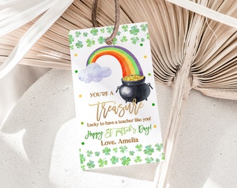 St Patricks Day Gift Tag You're A Treasure Thank You Tags Teacher Appreciation School Classroom Printable Shamrock Rainbow Gold Labels HL39