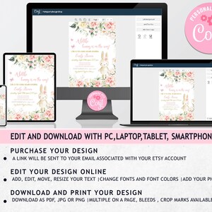 May include: A digital template for a baby shower invitation featuring a pink and white floral design with a bunny rabbit and the text "A little bunny is on the way!"  Join us for a baby shower honoring [Name] on [Date] at [Time].