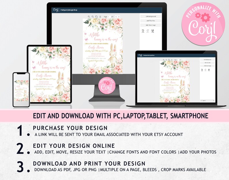 May include: A digital template for a baby shower invitation featuring a pink and white floral design with a bunny rabbit and the text "A little bunny is on the way!"  Join us for a baby shower honoring [Name] on [Date] at [Time].