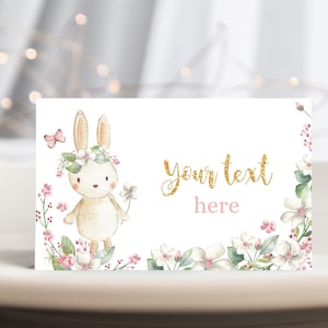 Hase Geburtstag Essen Zelten Frühling Baby Shower Party Lebensmittel Etiketten Ostern Kaninchen Mädchen Rosa Gold Blume Floral Printable Tischkarte BS12P BT60P