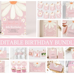 May include: Editable birthday party printable bundle featuring a pink and white daisy design. Includes invitations, welcome sign, thank you cards, cupcake toppers, and more.
