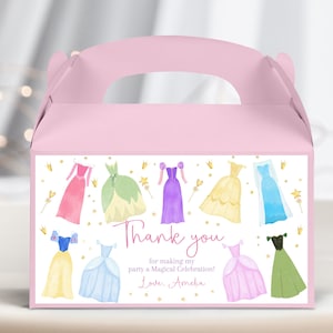 Etiqueta para caixa de aniversário de princesa, vestidos de princesa, caixa de guloseimas para presente, decoração de festa rosa para meninas reais, para impressão AT14