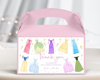 Princess Birthday Gable Box Label Once Upon a Time Princess Dresses Gift Treats Box Royal Girl Pink Dress Up Party Decor Printable AT14