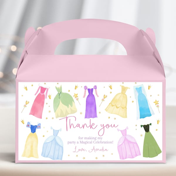 Princess Birthday Gable Box Label Once Upon a Time Princess Dresses Gift Treats Box Royal Girl Pink Dress Up Party Decor Printable AT14