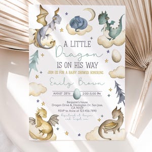 May include: A baby shower invitation with a watercolor illustration of a blue and green dragon on a cloud. The text reads "A Little Dragon Is On His Way" and includes the name "Emily Brown" and the date and time of the event.