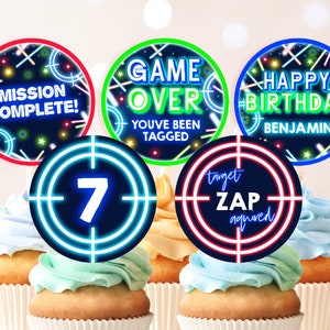 Decorazioni per cupcake Laser Tag, decorazioni per feste di compleanno per bambini, etichette per dessert, neon arcobaleno, gioco arcade, stampabili, BT63B