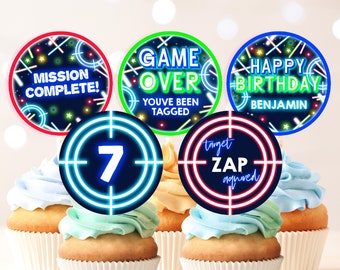 Laser Tag Cupcake Toppers Boy Gamer Birthday Party Decor Kids Lazer Tag Party Dessert Labels Neon Glow Rainbow Arcade Game Printable BT63B