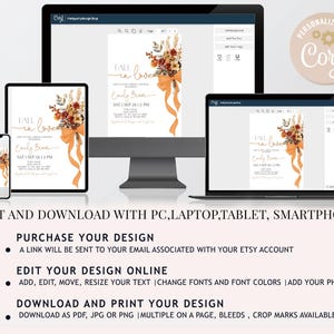 May include: A digital invitation design displayed on various devices, including a smartphone, tablet, laptop, and desktop computer. The invitation features floral accents, ribbons, and the text "Fall in love". The design is customizable and downloadable.