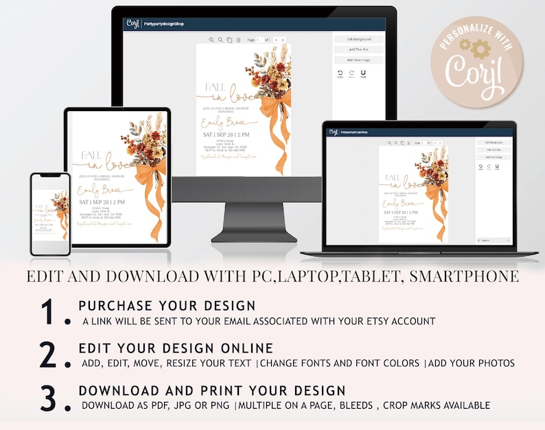 May include: A digital invitation design displayed on various devices, including a smartphone, tablet, laptop, and desktop computer. The invitation features floral accents, ribbons, and the text "Fall in love". The design is customizable and downloadable.