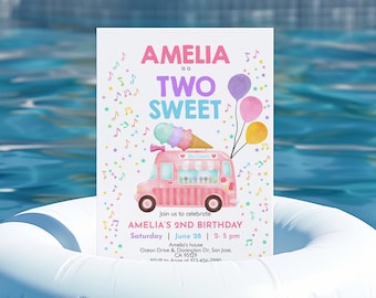 Ice Cream Truck Birthday Invitation Two Sweet Girl 2nd Birthday Party Invite Here's the Scoop Summer Pink Gold Cone Balloons EDITABLE BT69P