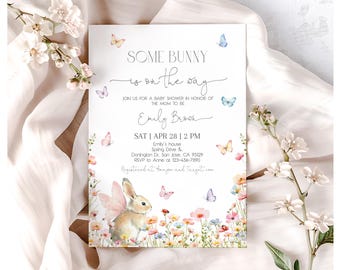 Bunny Baby Shower Uitnodiging Lente Baby Shower Uitnodiging Pasen Konijn Roze Bloemen Bloemen Wilde Bloemen Vlindertuin BEWERKBARE AS35P