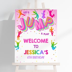 Banner di benvenuto per compleanno Jump, poster per feste con trampolino, decorazioni per feste per bambini e bambine, modello modificabile per cartello da veranda BTD034