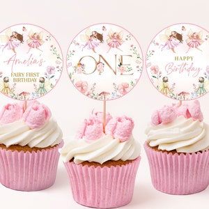 Décoration pour cupcakes fée fille 1er anniversaire, décoration lunatique, forêt enchantée, jardin floral magique, thé, étiquettes à dessert imprimables BT31P